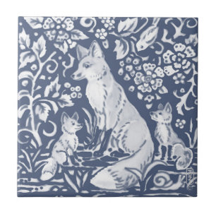Fox Family Blue White Woodland Forest Denim Tile