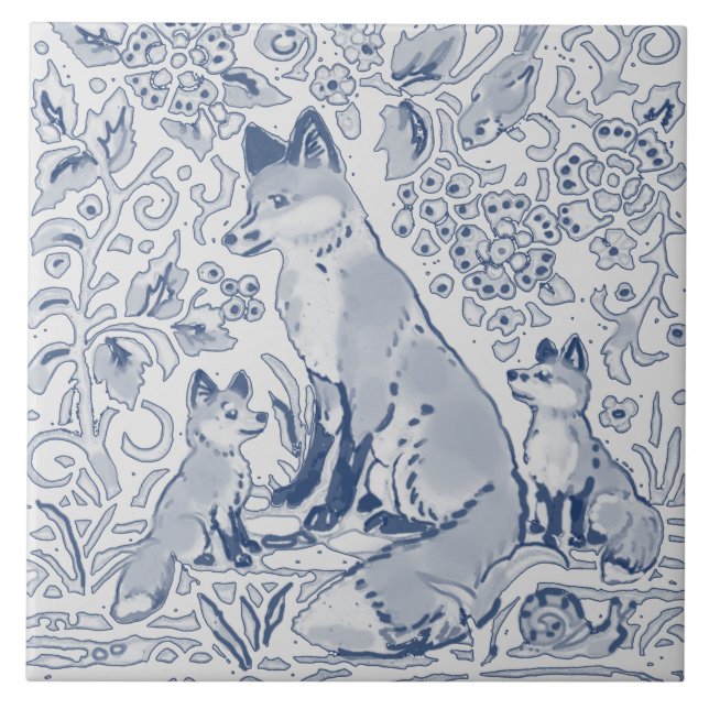 Fox Family Denim Blue White / Grey Woodland Tile (Front)