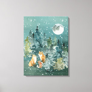 Fox Family Forest Full Moon Snowfall Canvas Print