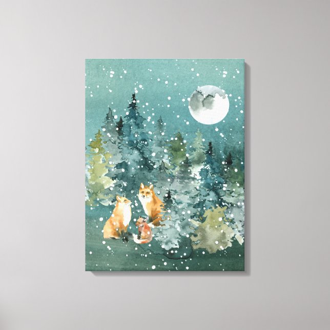 Fox Family Forest Full Moon Snowfall Canvas Print (Front)