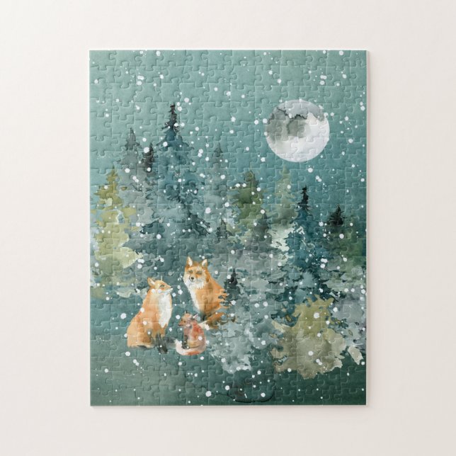 Fox Family Forest Full Moon Snowfall Jigsaw Puzzle (Vertical)
