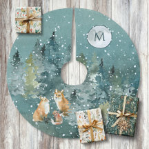 Fox Family Forest Full Moon Snowfall Monogram