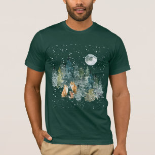 Fox Family Forest Full Moon Snowfall T-Shirt