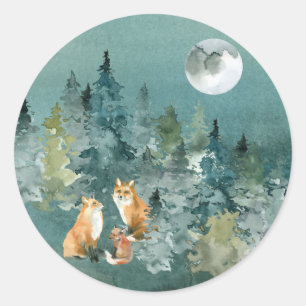 Fox Family in Forest Full Moon Classic Round Sticker