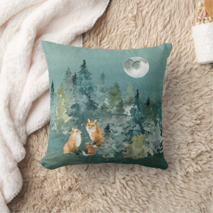 Fox Family in Forest Full Moon Cushion