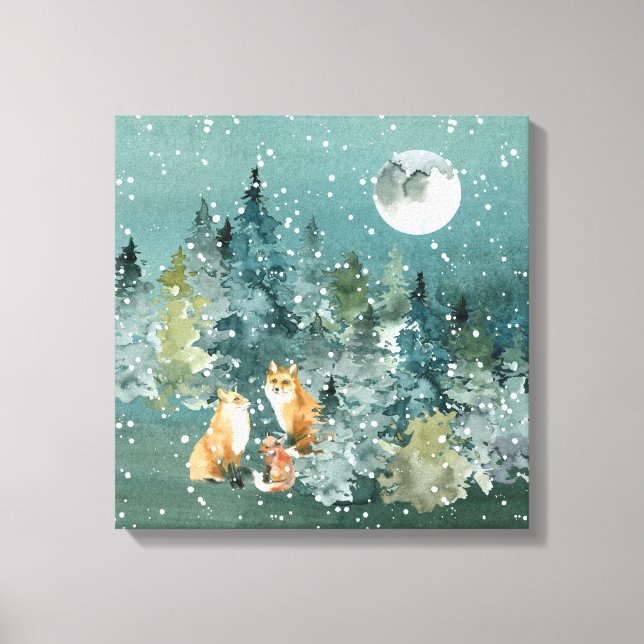 Fox Family in Forest Full Moon Snowfall Canvas Print (Front)