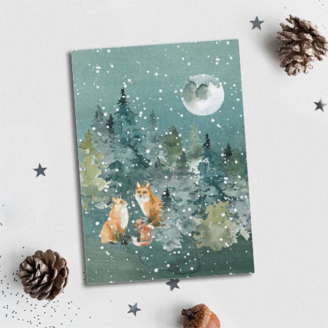 Fox Family in Forest Full Moon Snowfall Christmas Holiday Card (Creator Uploaded)