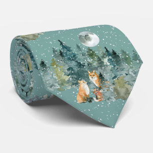 Fox Family in Forest Full Moon Snowfall Christmas Tie