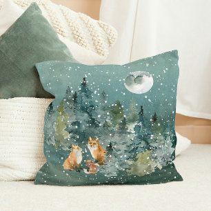 Fox Family in Forest Full Moon Snowfall Cushion