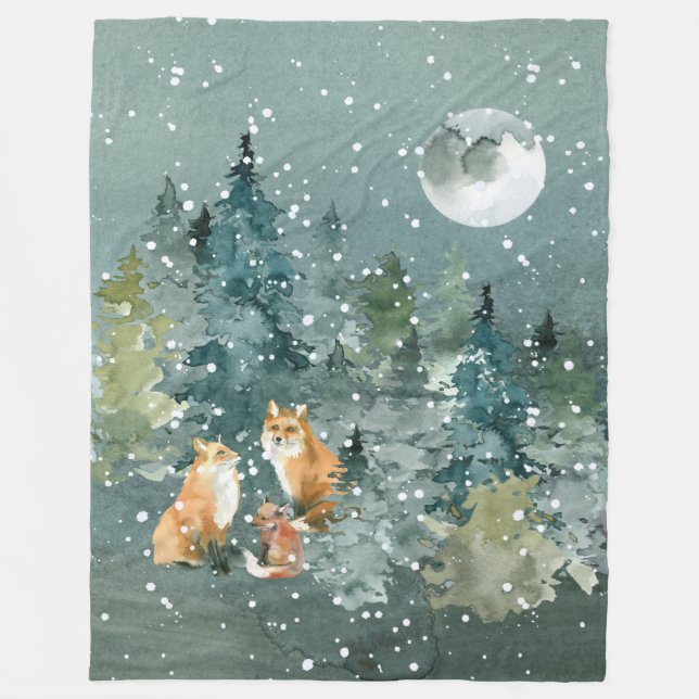 Fox Family in Forest Full Moon Snowfall Fleece Blanket (Front)