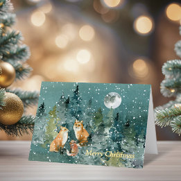 Fox Family in Forest Full Moon Snowfall Foil Greeting Card