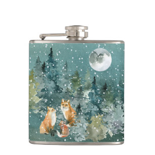 Fox Family in Forest Full Moon Snowfall Hip Flask