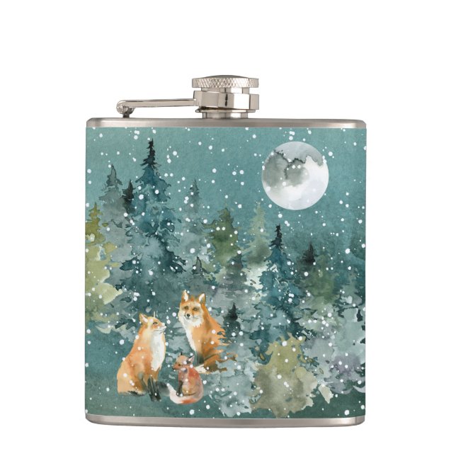 Fox Family in Forest Full Moon Snowfall Hip Flask (Front)