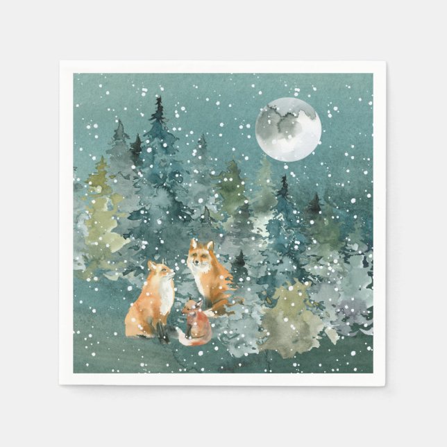 Fox Family in Forest Full Moon Snowfall Holiday Napkin (Front)