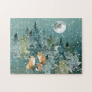 Fox Family in Forest Full Moon Snowfall Jigsaw Puzzle