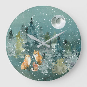 Fox Family in Forest Full Moon Snowfall Large Clock