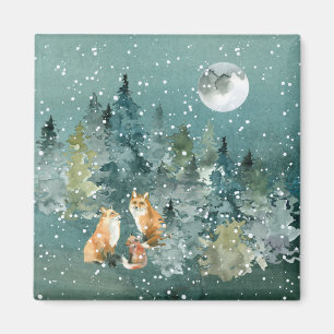 Fox Family in Forest Full Moon Snowfall Magnet
