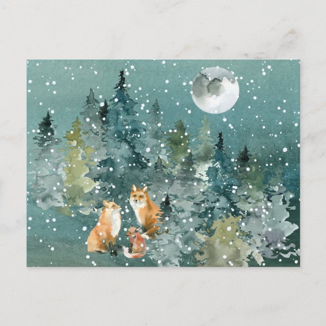 Fox Family in Forest Full Moon Snowfall Postcard (Front)