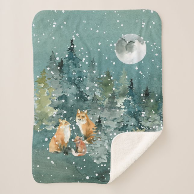 Fox Family in Forest Full Moon Snowfall Sherpa Blanket (Front)