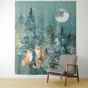Fox Family in Forest Full Moon Snowfall Tapestry