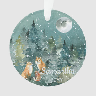 Fox Family in Forest Full Moon Snowfall Watercolor Ornament