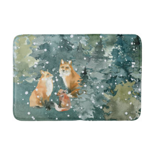 Fox Family in Forest Snowfall Bath Mat