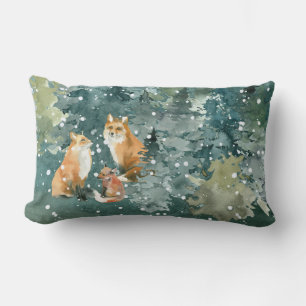 Fox Family in Forest Snowfall Lumbar Cushion