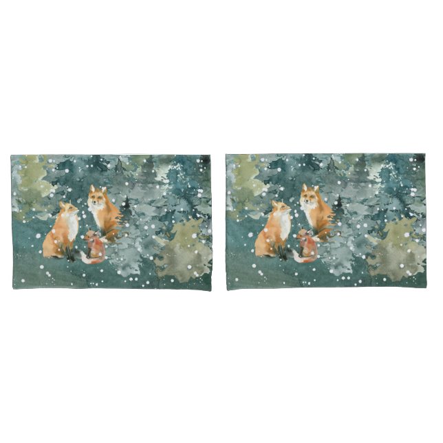 Fox Family in Forest Snowfall Pillowcase (Front-Set)