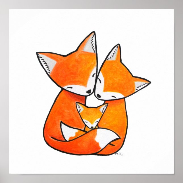 Fox Family Nursery Art Dad Mum Baby Happy foxes Poster (Front)