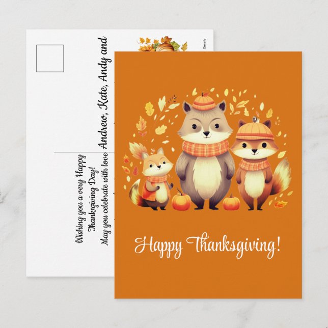 Fox Family Pumpkins Happy Thanksgiving Holiday Postcard (Front/Back)