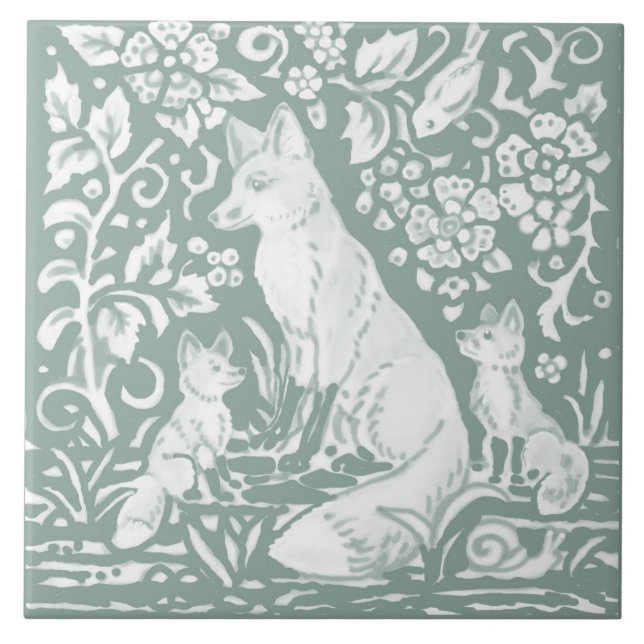 Fox Family Sage Green Woodland Forest Foliage Tile (Front)
