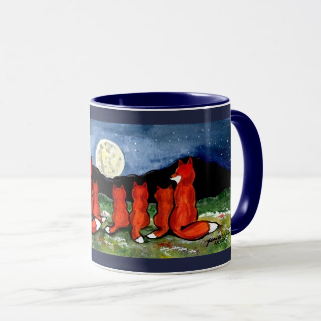 Fox Family Watching Moon Dark Blue Design Mug (Front Right)