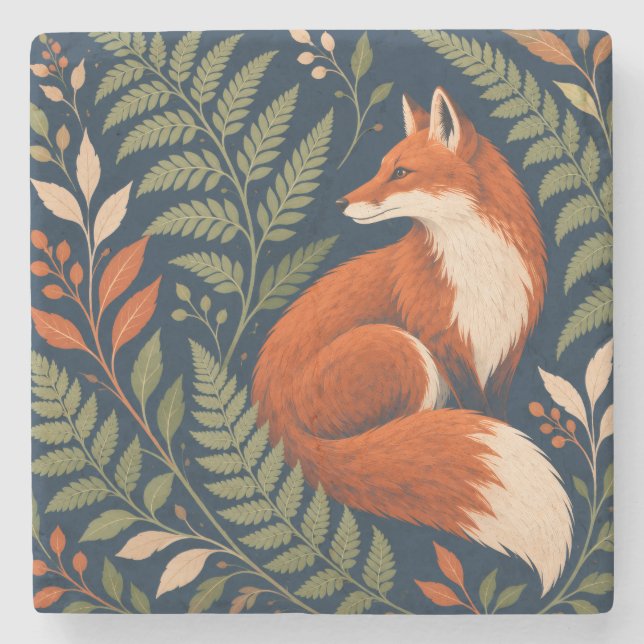 Fox & Fern Rust Fox and Navy Botanical Stone Coaster (Front)
