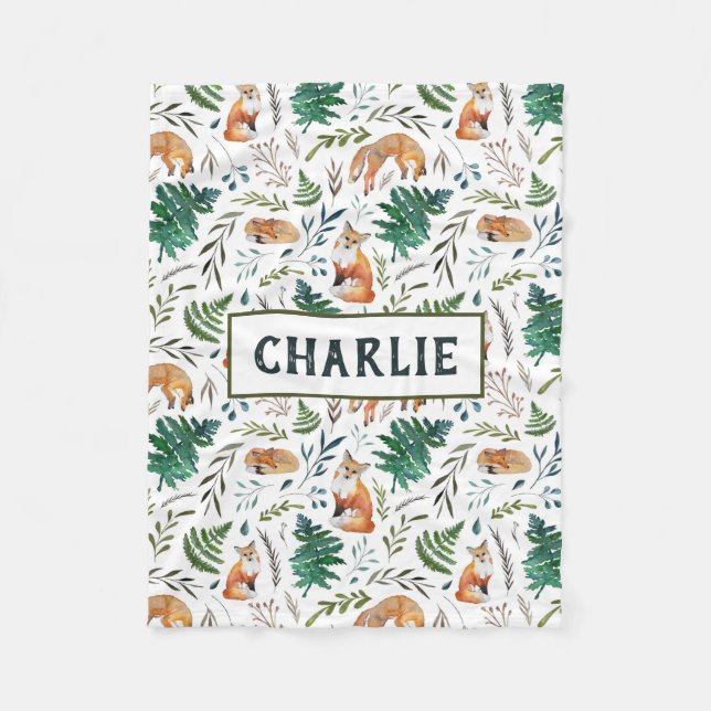 Fox, Ferns, and Leaves Personalised Blanket (Front)