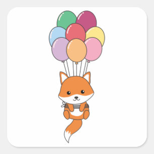 Fox Flies Up With Colourful Balloons Square Sticker