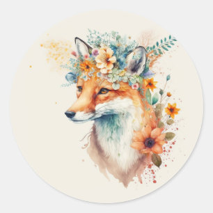 Fox Flower Crown Watercolor Classic Round Sticker