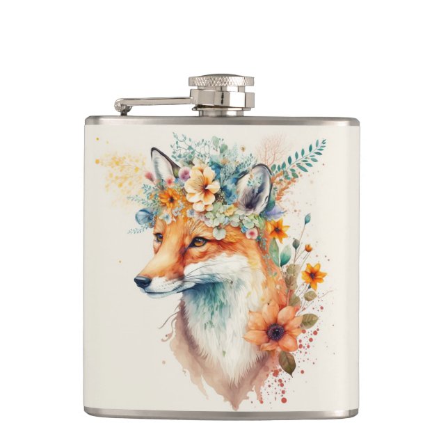 Fox Flower Crown Watercolor                        Hip Flask (Front)