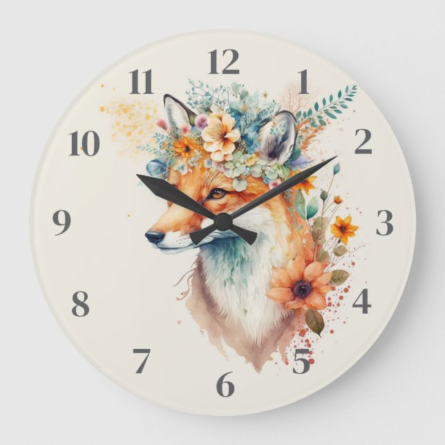 Fox Flower Crown Watercolor          Large Clock (Front)