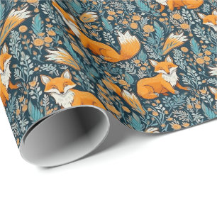 Fox Flowers Blue Wrapping Paper