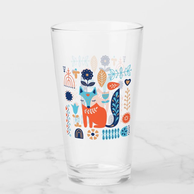 Fox Folk Art Floral Pattern | Nature Glass (Front)