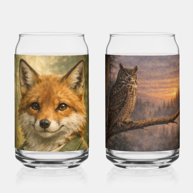 Fox Forest Ranger + Owl at Dusk Can Glass Set (Front)