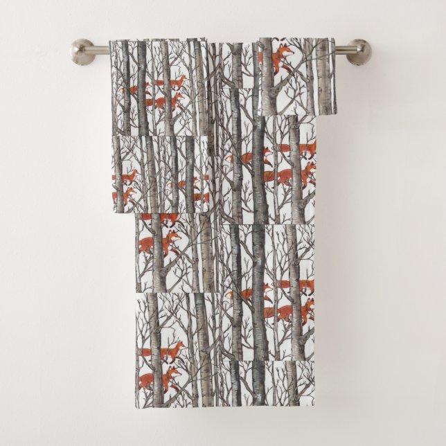 Fox Foxes in Grey Winter Woods Bath Towel Set (Insitu)