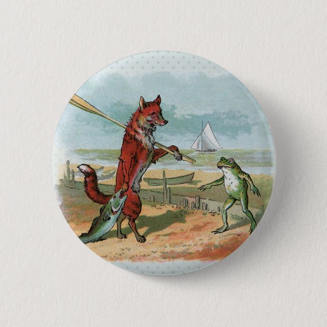 Fox Frog Fishing Antique Illustration 6 Cm Round Badge (Front)