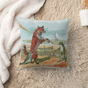 Fox Frog Fishing Antique Illustration Cushion