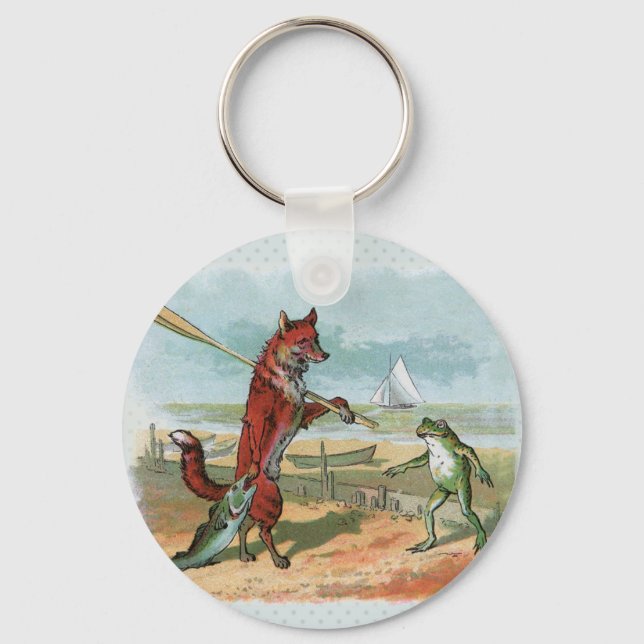 Fox Frog Fishing Antique Illustration Key Ring (Front)