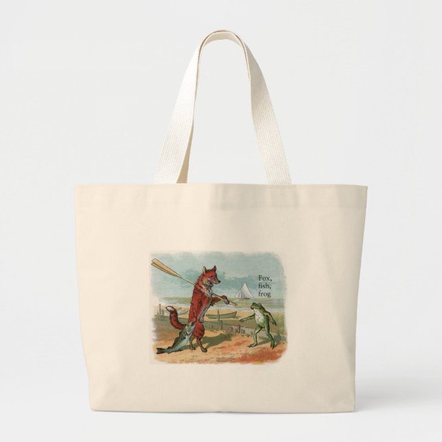 Fox Frog Fishing Antique Illustration Large Tote Bag (Front)