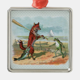Fox Frog Fishing Antique Illustration Metal Tree Decoration
