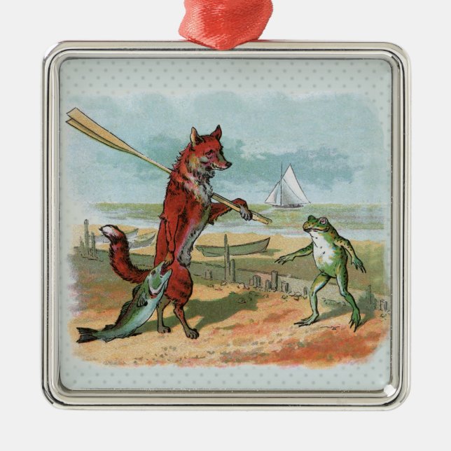 Fox Frog Fishing Antique Illustration Metal Tree Decoration (Front)