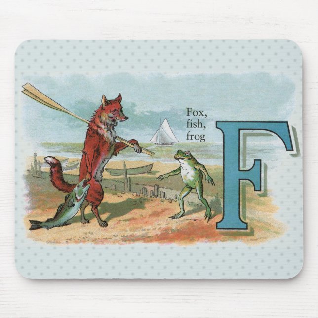 Fox Frog Fishing Antique Illustration Mouse Mat (Front)