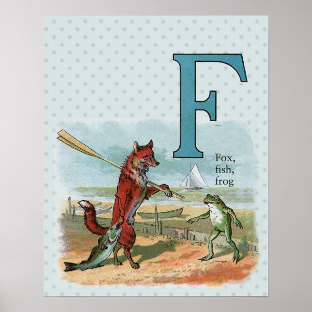 Fox Frog Fishing Antique Illustration Poster (Front)